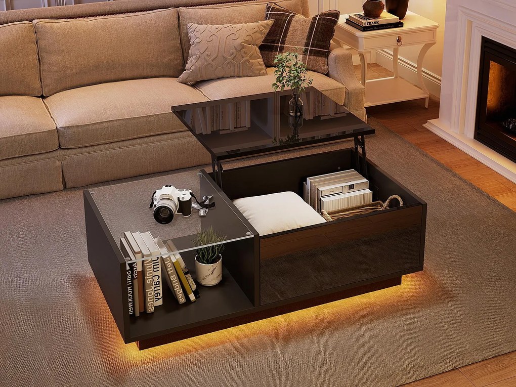 Stolik kawowy wysoki połysk - wysokość regulowana - z przechowywaniem + półkami - czarny