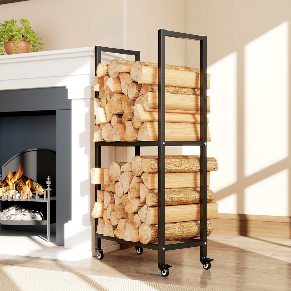 Outsunny Regał na drewno kominkowe do wnętrz Stal 60 x 30 x 119cm 2 poziomy z kółkami Czarny