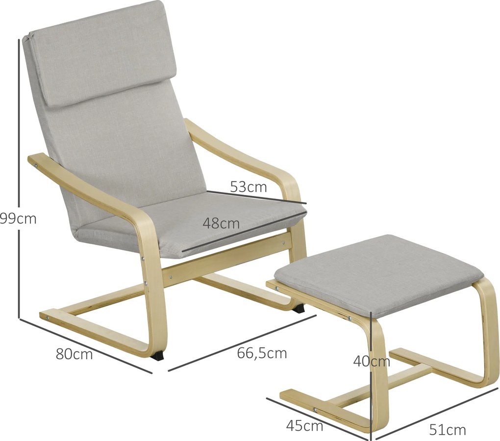 HOMCOM Fotel klubowy z podnóżkiem, pokrowiec imitujący len, drewniana rama, do 120 kg, Jasnoszary/Natura