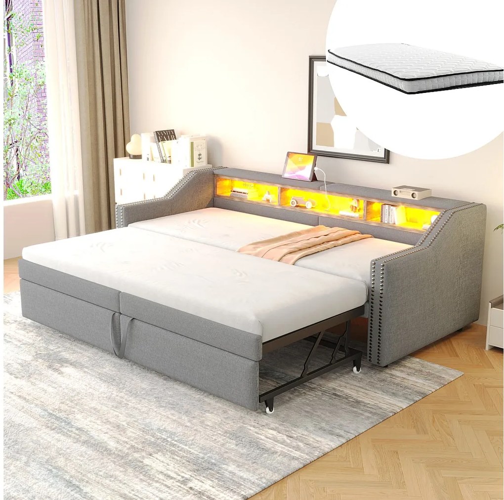 Rozkładana sofa - 90/180 x 200 cm - z półkami do przechowywania + diody LED + USB - len + płyta MDF - jasnoszara (z 2 materacami)