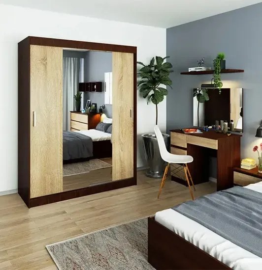 Szafa przesuwna z lustrem wenge + dąb sonoma K8-C33