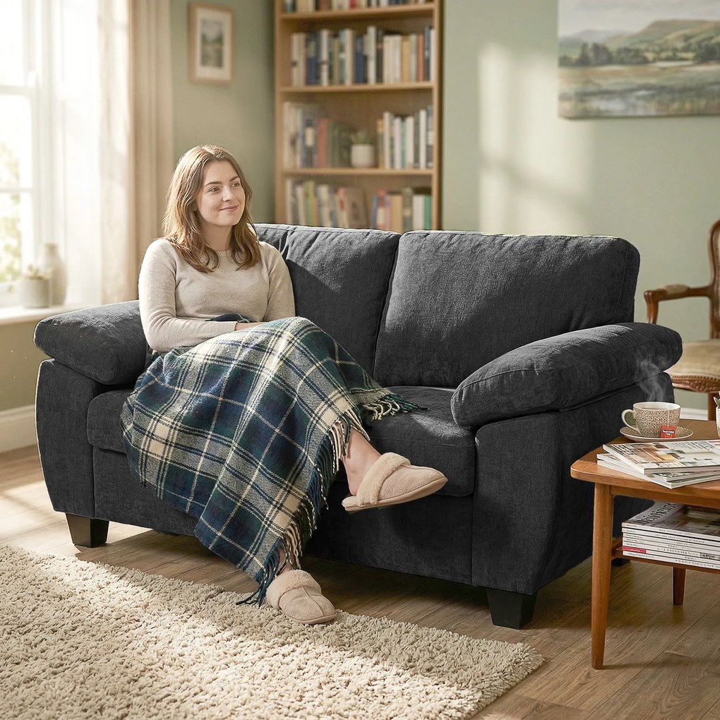 HOMCOM Sofa 2-osobowa, 156 cm sofa Chenille z grubymi poduszkami sprężynowymi, szerokimi tapicerowanymi podłokietnikami, obciążenie 300 kg, ciemnoszara | Aosom PL