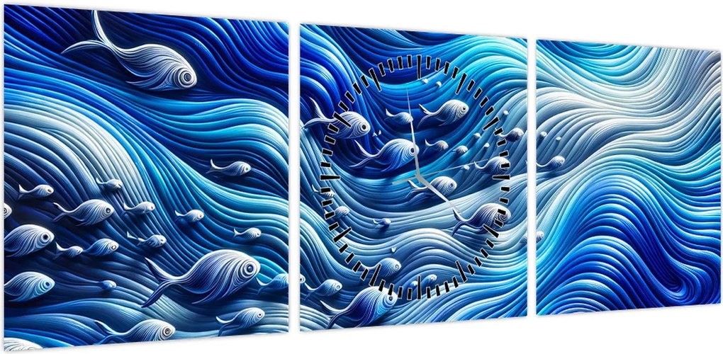 Obraz – Ryby w falach (z zegarem) (90x30 cm)