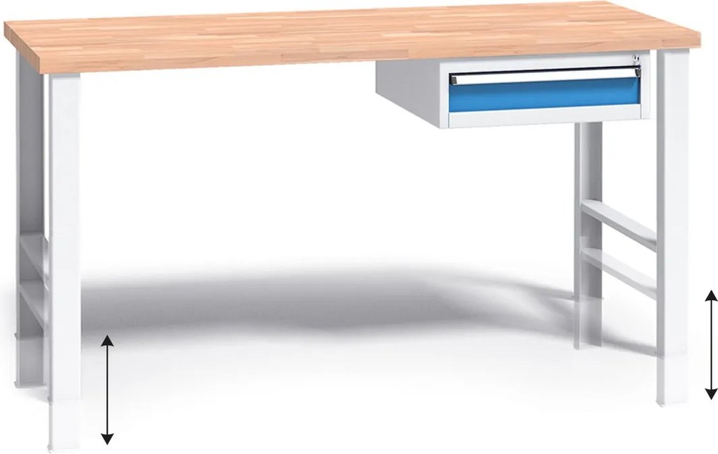 Stół warsztatowy z regulacją wysokości G3, 1500 x 685 x 840-1050 mm, 1x 1 szufladowy kontener, niebieski