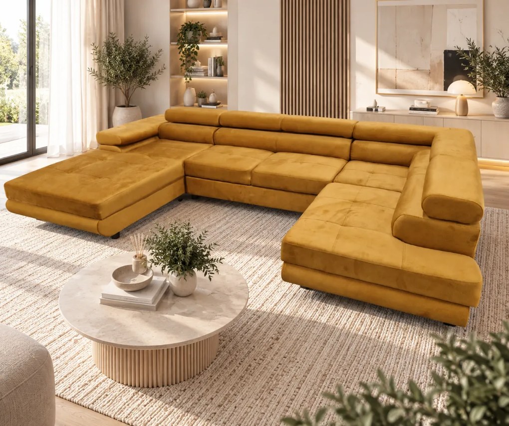 Duża sofa narożna z regulowanymi zagłówkami i pojemnikiem na pościel, złoty/musztardowy, Aspen U, prawy