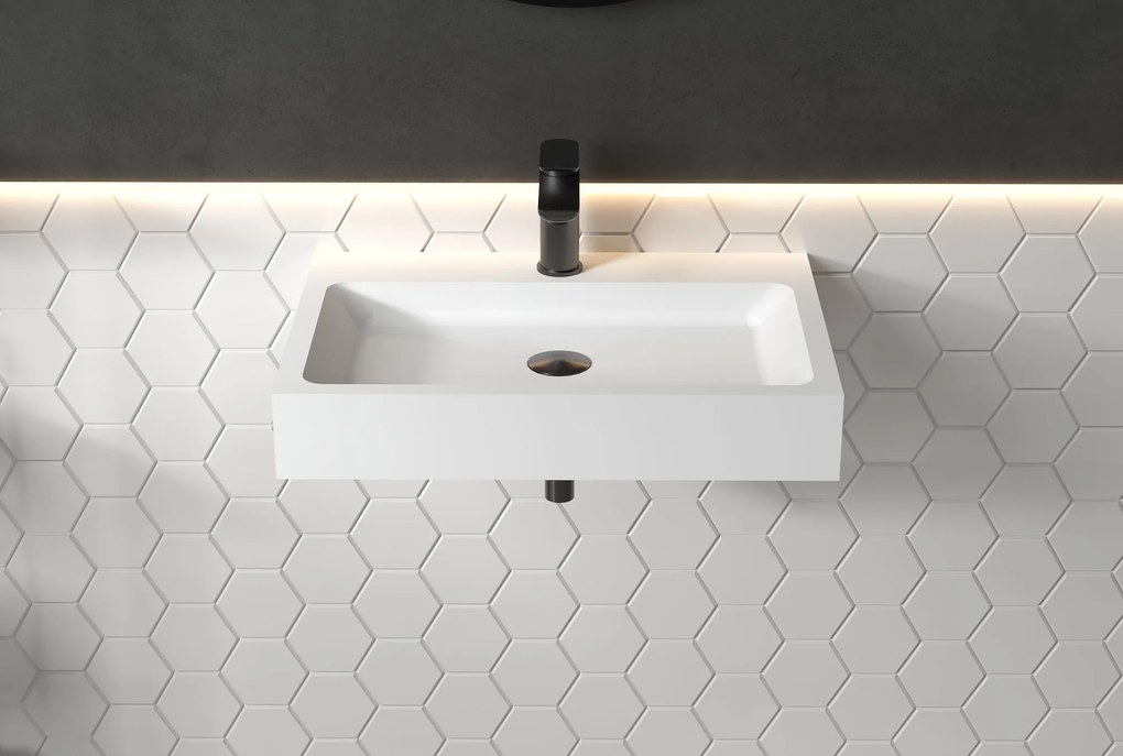 Umywalka ścienna PB2142 z odlewu mineralnegoBiały mat - 60 x 42 x 10 cm