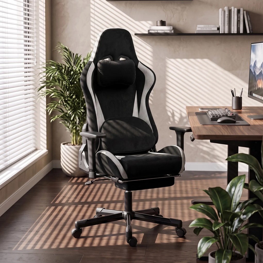 HOMCOM Fotel gamingowy z poduszką lędźwiową z masażem i ogrzewaniem, ergonomiczny, tkanina w wyglądzie lnu, 4D podłokietniki, zagłówek, Schwarz | Aosom PL