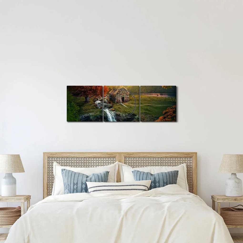 Obraz domku w bajkowym krajobrazie (z zegarem) (90x30 cm)