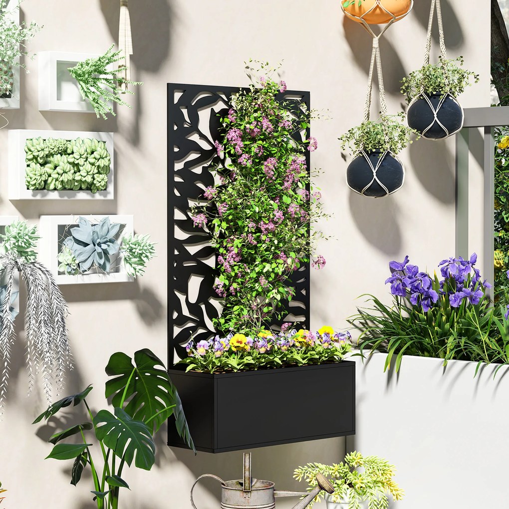 Outsunny podwyższona donica z panelem osłonowym, kratka do pnączy, metal, 61 x 23 x 113 cm, czarny | Aosom PL