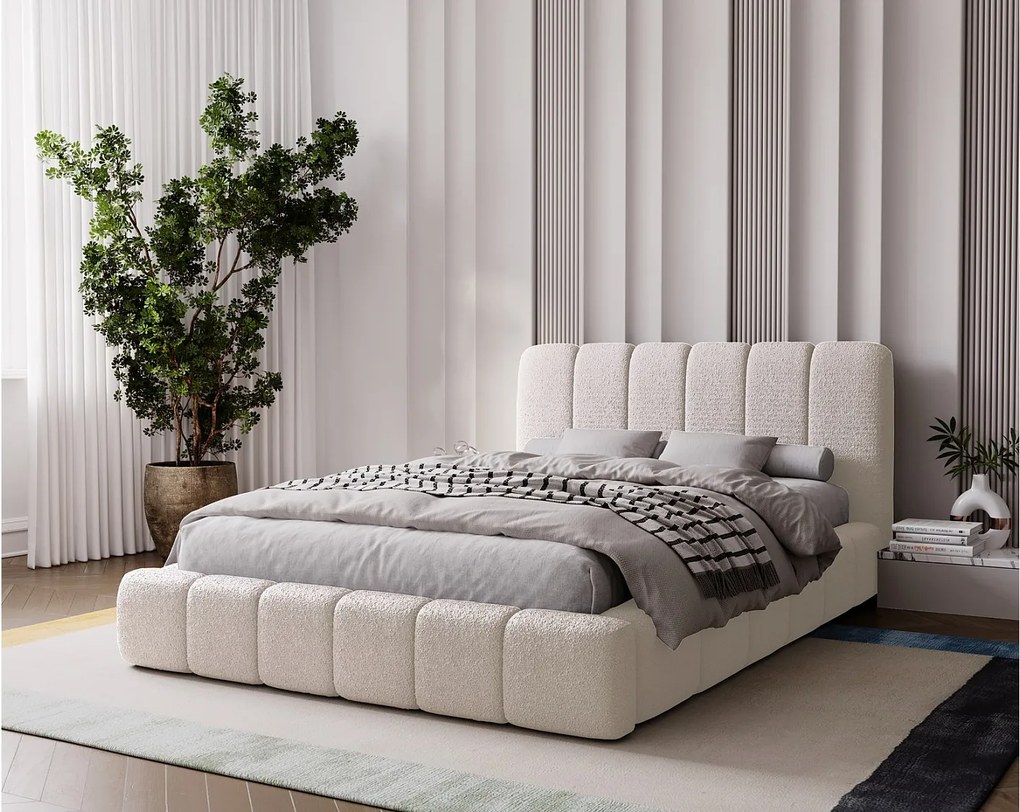 Emporius Milan łóżko tapicerowane 160x200 - pufiaste łóżko do sypialni, łóżko z pojemnikiem i stelażem - tkanina boucle, kremowy (Anthology 1)