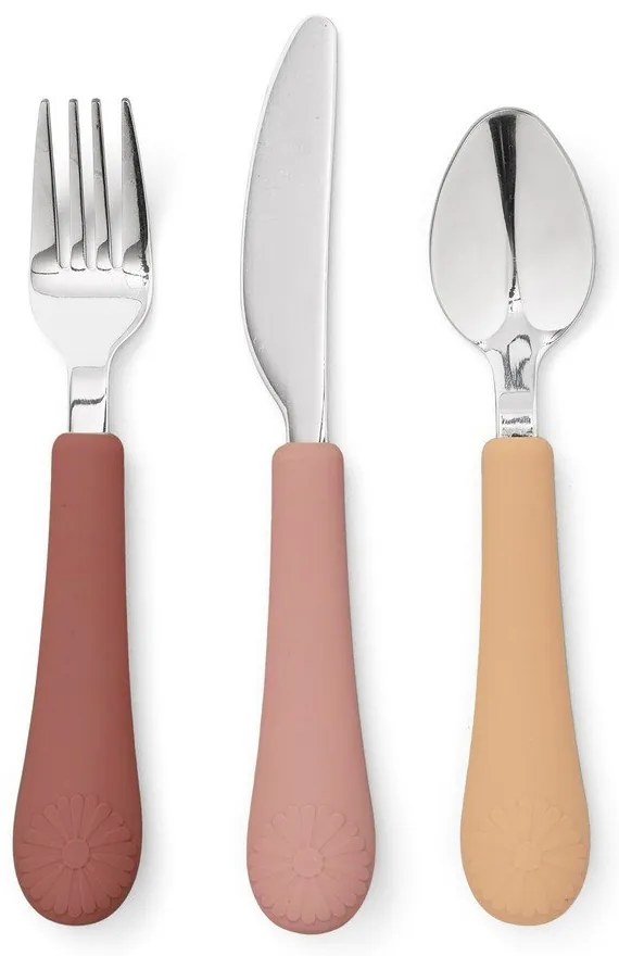 Czerwono-łososiowe sztućce dla dzieci z silikonu 3 szt. Rose Mix – Cam Cam Copenhagen