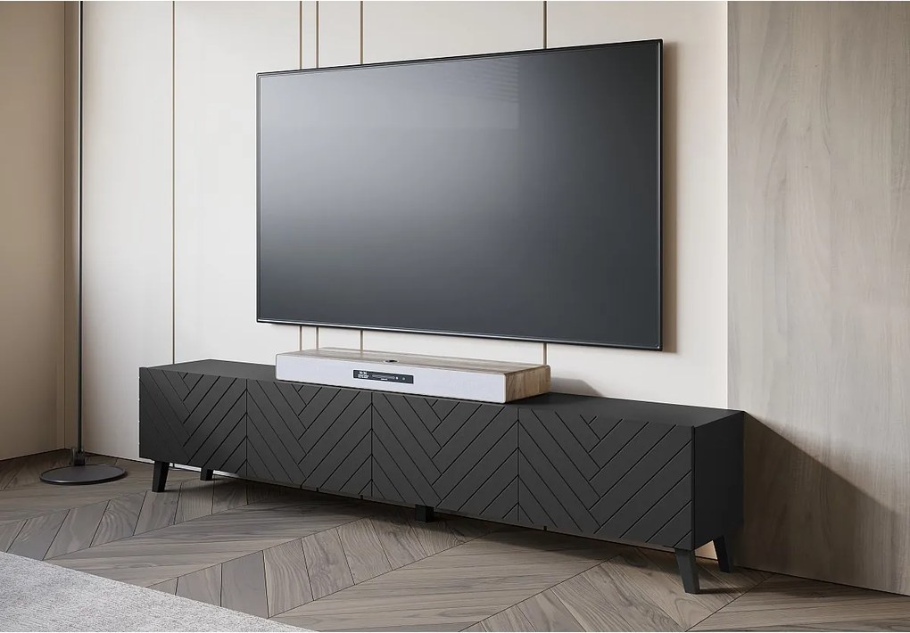 Nowoczesna szafka RTV 190 cm do salonu na nóżkach, czarny grafit, frezy w jodełkę MDF