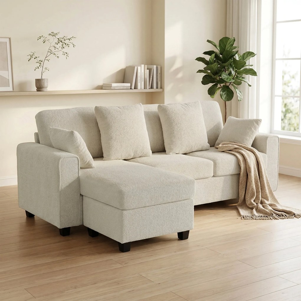 HOMCOM Narożna sofa z odwracalnym szezlongiem, 3-osobowa kanapa z aksamitnym wyglądem, szerokie i głębokie siedzisko, poduszki sprężynowe, beżowa | Aosom PL