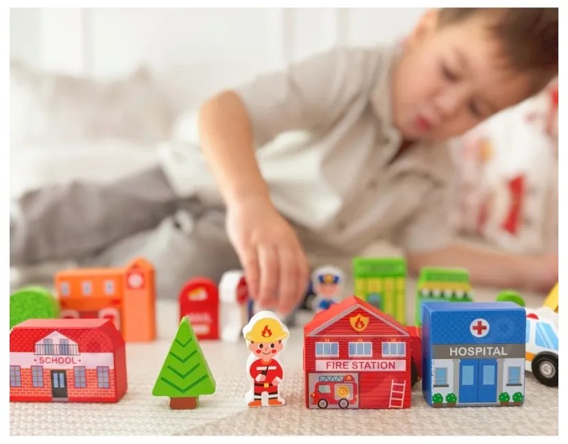 Tooky toy drewniany zestaw budynków i figurek miasto