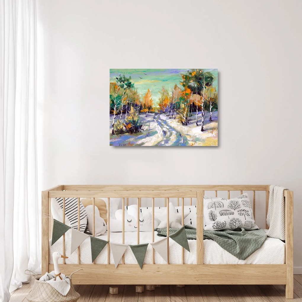Obraz na szkle - Zaśnieżona ścieżka przez las, obraz olejny (70x50 cm)