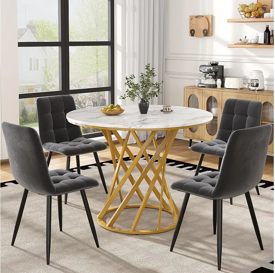 Zestaw 5 stołów i krzeseł do jadalni - 80 x 80 x 76 cm - blat stołu MDF + 4 krzesła welurowe - MDF + Metal - biały