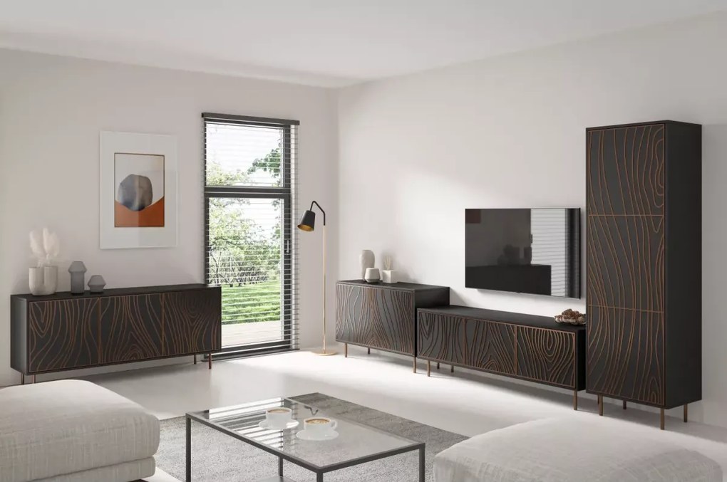 Witryna Teofil – nowoczesna witryna z drewnianym laminatem i metalowymi nogami
