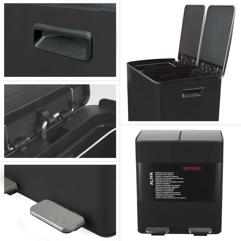 Stalowy kosz na śmieci 2x20 l do segregacji odpadów/z pedałem w kolorze matowej czerni Aliya – Spirella