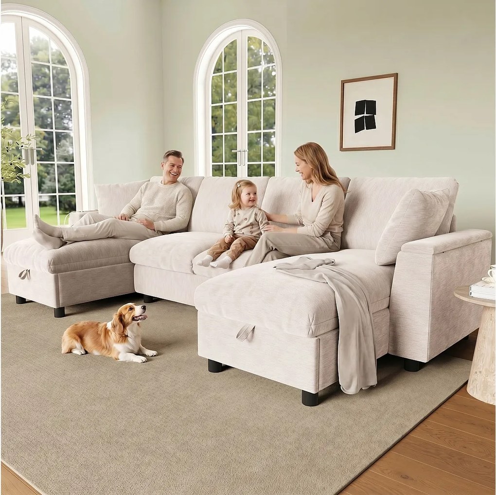 Nowoczesna sofa 4-osobowa w kształcie litery U - 284 x 135 x 84 cm - z 2 szezlongami, schowkiem + USB - aksamitna - beżowa