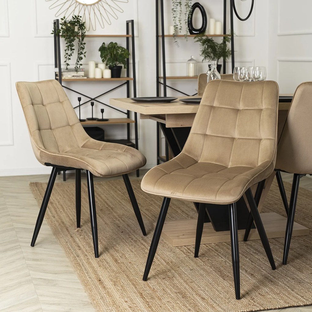 Zestaw Stół Prostokątny Rozkładany CLARK 120-160 cm Dąb Artisan/Czarny i 4 Krzesła Tapicerowane do Jadalni RIO Beżowe Welurowe