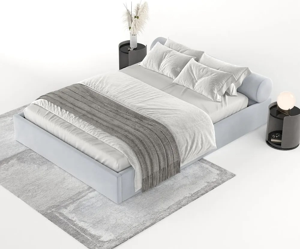 Jasnoszare tapicerowane łóżko dwuosobowe ze schowkiem ze stelażem 160x200 cm Solvo – Maison de Rêve