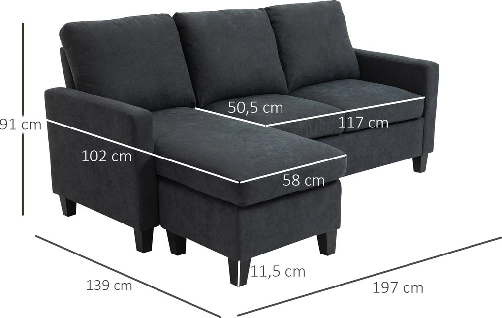 HOMCOM Sofa Narożna Wielofunkcyjna Ciemnoszara 197x139x91 cm Przestronny i Wygodny Narożnik | Aosom PL