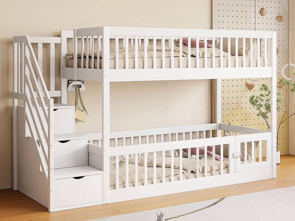 Łóżko piętrowe 90×200 cm - z drabiną bezpieczeństwa - z 3 szufladami - białe (materac nie jest zawarty)