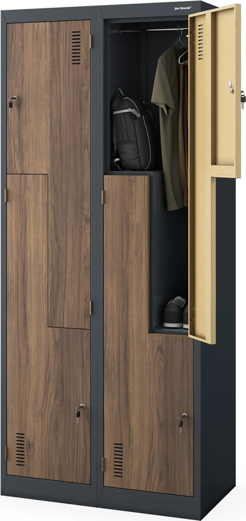 Szafa socjalna ubraniowa typu l, czterokomorowa, antracytowa/orzech, 800x1850x450 mm: JULIA Eco Design