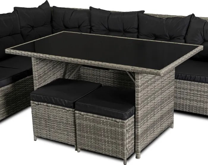 Zestaw Mebli Ogrodowych DALLAS Szary/Czarny Narożnik Pufy Stolik Tarasowy Technorattan Nowoczesny