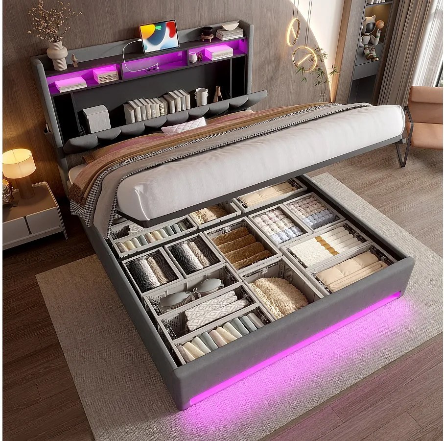 Łóżko tapicerowane ze schowkiem - 160 x 200 cm - z diodami LED + USB Type-C + zagłówek ze schowkiem - aksamit - szary