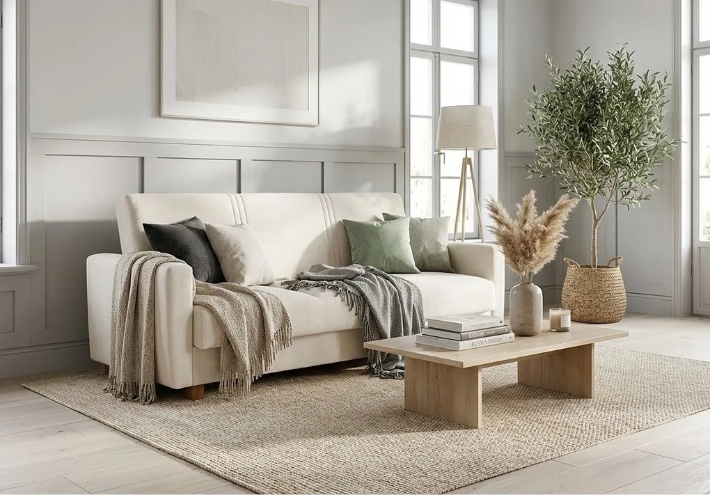 Wersalka HAVEN 210 cm – elegancka sofa rozkładana z pojemnikiem na pościel biała
