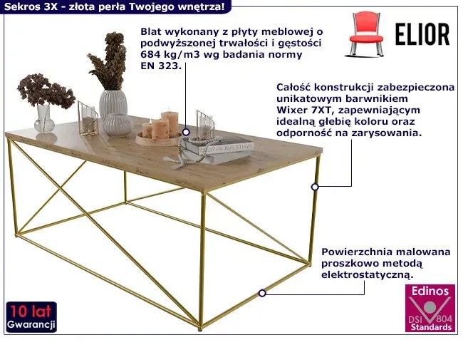 Stolik kawowy w stylu glamour złoty + dąb artisan - Sekros 3X