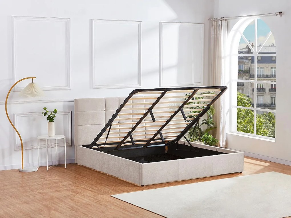 Łóżko ze skrzynią 200 x 200 cm - Tkanina - Beżowy - HOPEYA Pascala Morabito