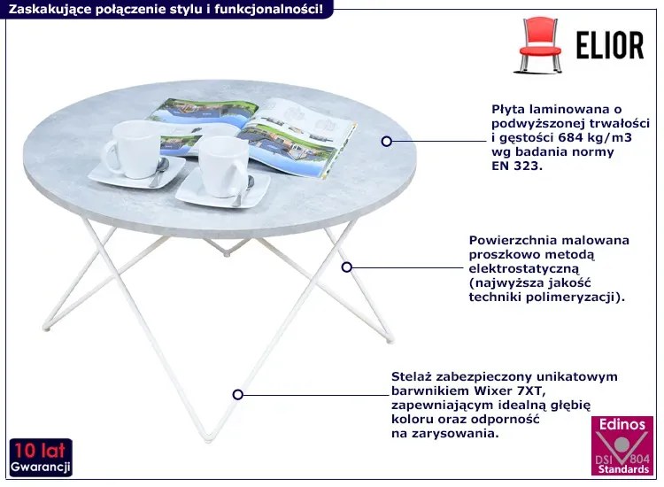 Okrągły stolik kawowy z bialym stelażem beton - Noemi 5X