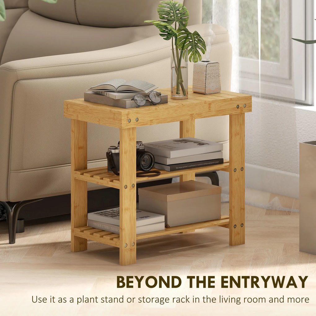 HOMCOM Ławka na buty z bambusa, regał na buty z 2 półkami, siedzisko, do przedpokoju, 50x28x45cm, naturalna