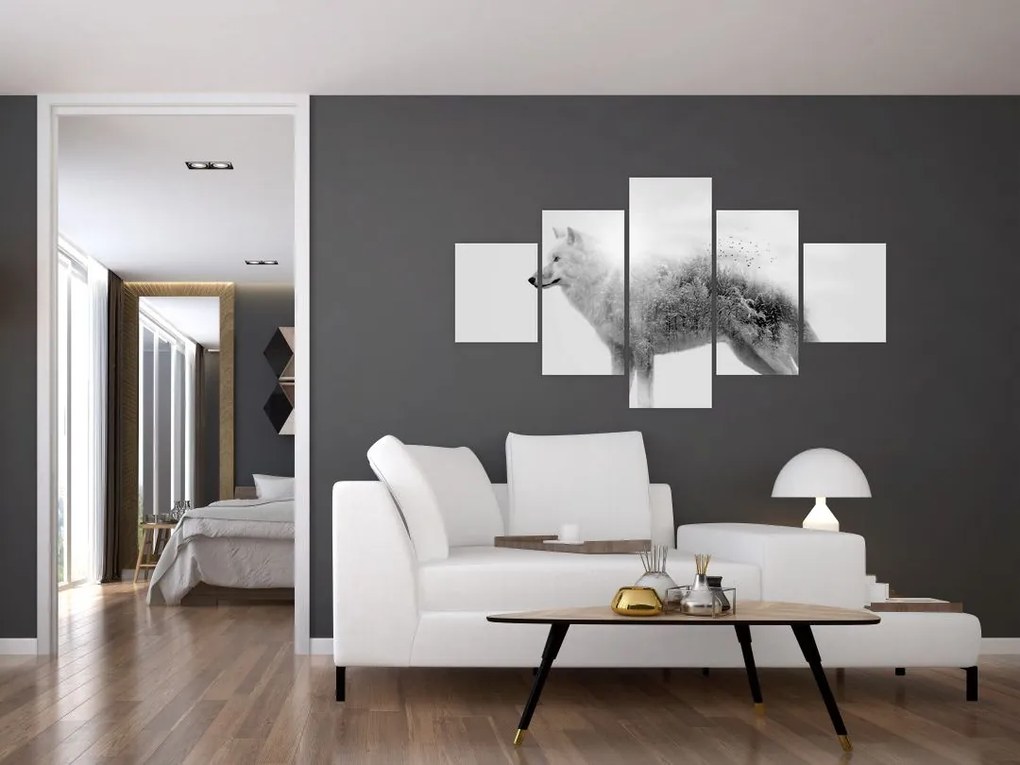 Obraz - Wilk arktyczny odzwierciedla dziki krajobraz (125x70 cm)