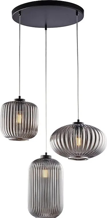 Lampa wisząca Glamour z czarnego lakierowanego żelaza, regulowane kable, klosze z lustrzanego szarego szkła z paskami reliefowymi, 3 światła