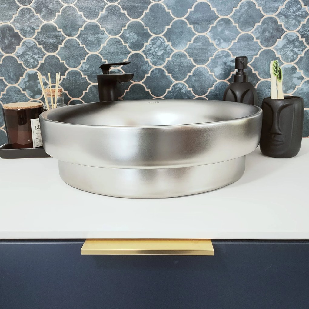 Umywalka ceramiczna nablatowa okrągła srebrna mat 40 cm ARI SILVER