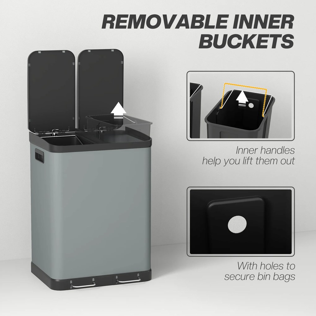 HOMCOM Śmietnik z podwójną komorą, 2 x 30L, odporny na odciski palców, pedał, wyjmowane wewnętrzne kosze, Szary