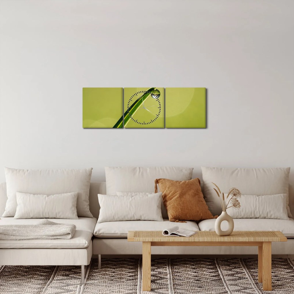 Obraz kropli wody na trawie (z zegarem) (90x30 cm)