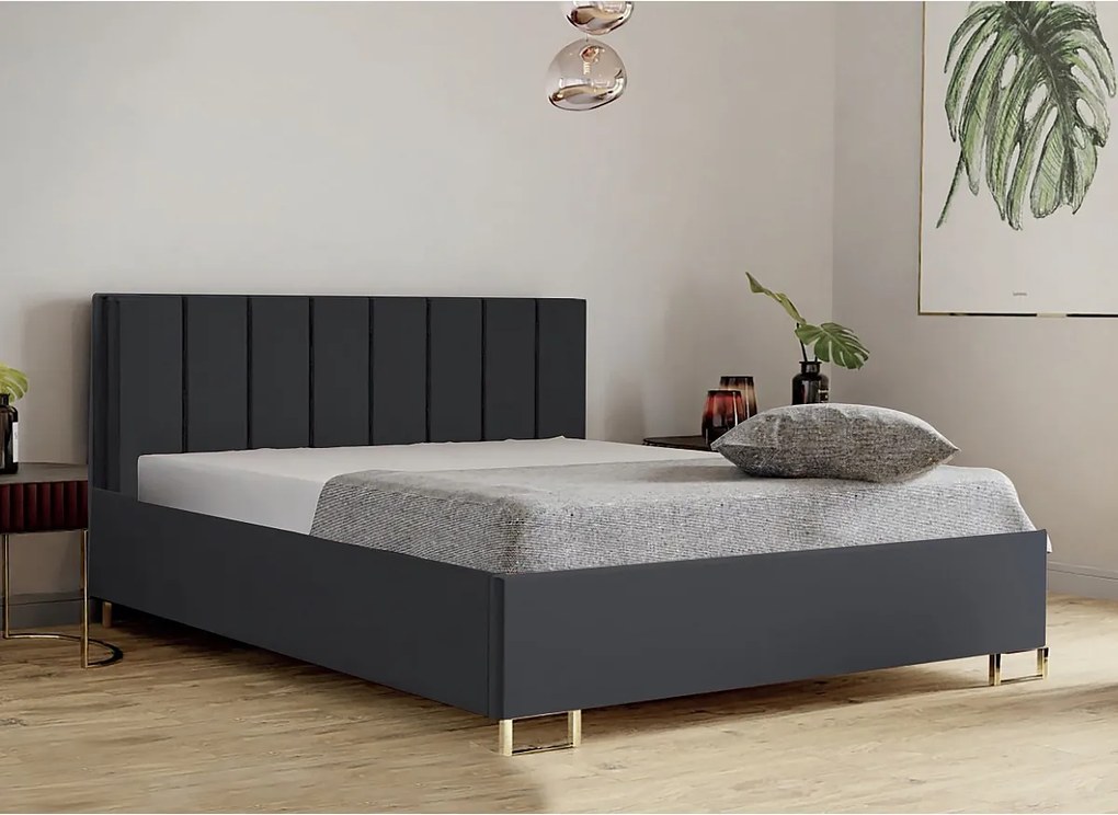 Łóżko tapicerowane MALIBU, wezgłowie, obicie MONOLITH, pojemnik na pościel, podnośnik gazowy, wysokość spania 39 cm, 120x200 cm, Antracytowy