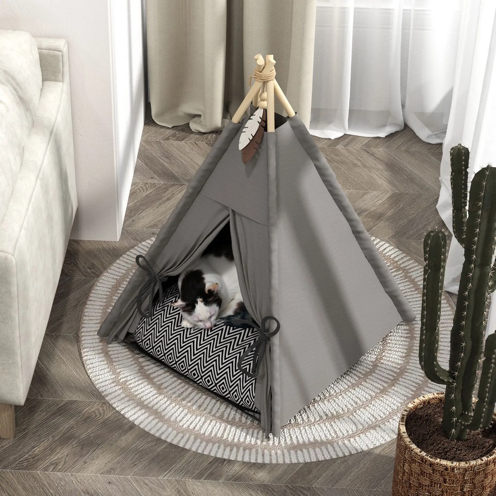 PawHut Tipi Namiot dla zwierząt, łóżko w formie namiotu tipi dla kota, namiot dla kota z poduszką, łóżko dla psa do spania, łóżko dla kota, szary