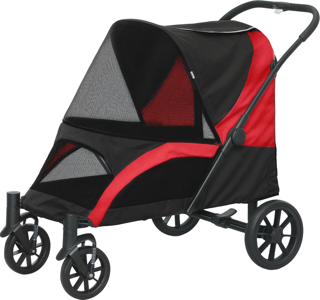 PawHut Składany Wózek dla Dużych Psów, Buggy dla Zwierząt z 4 Kołami, Smycze Bezpieczeństwa, Hamulce, Czarny