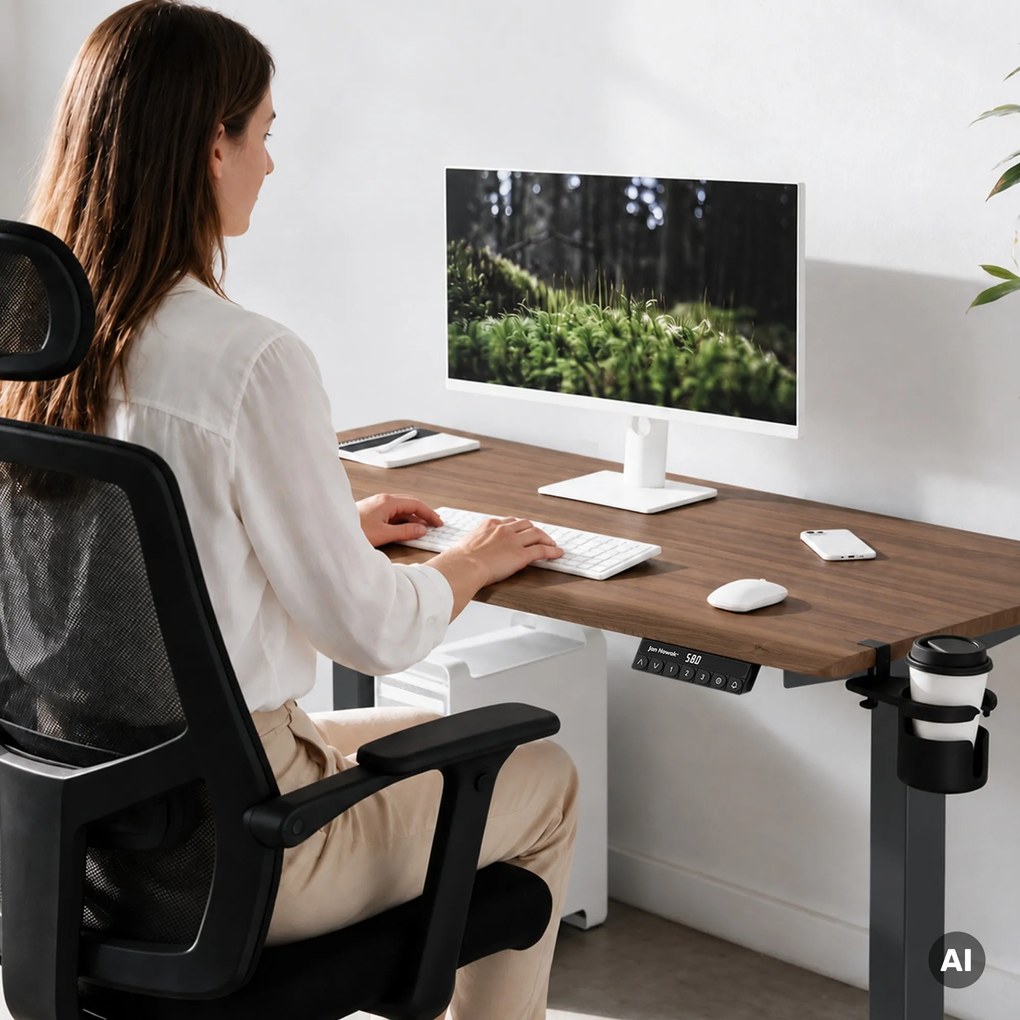 Biurko elektryczne z regulacją wysokości ergonomiczne antracytowe/orzech,1400x700 mm: ARIA