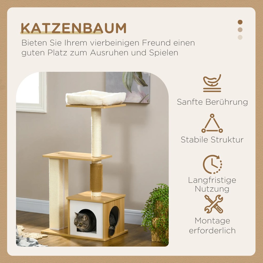 PawHut Drapak dla kota, koci domek, kocie łóżko, platforma, 59,5 cm x 39,5 cm x 114 cm, Brąz + Biały