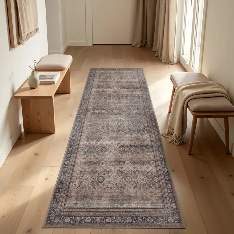 Dywan vintage INKA Oriental z Efektem Postarzenia Brązowy 80 cm x 250 cm