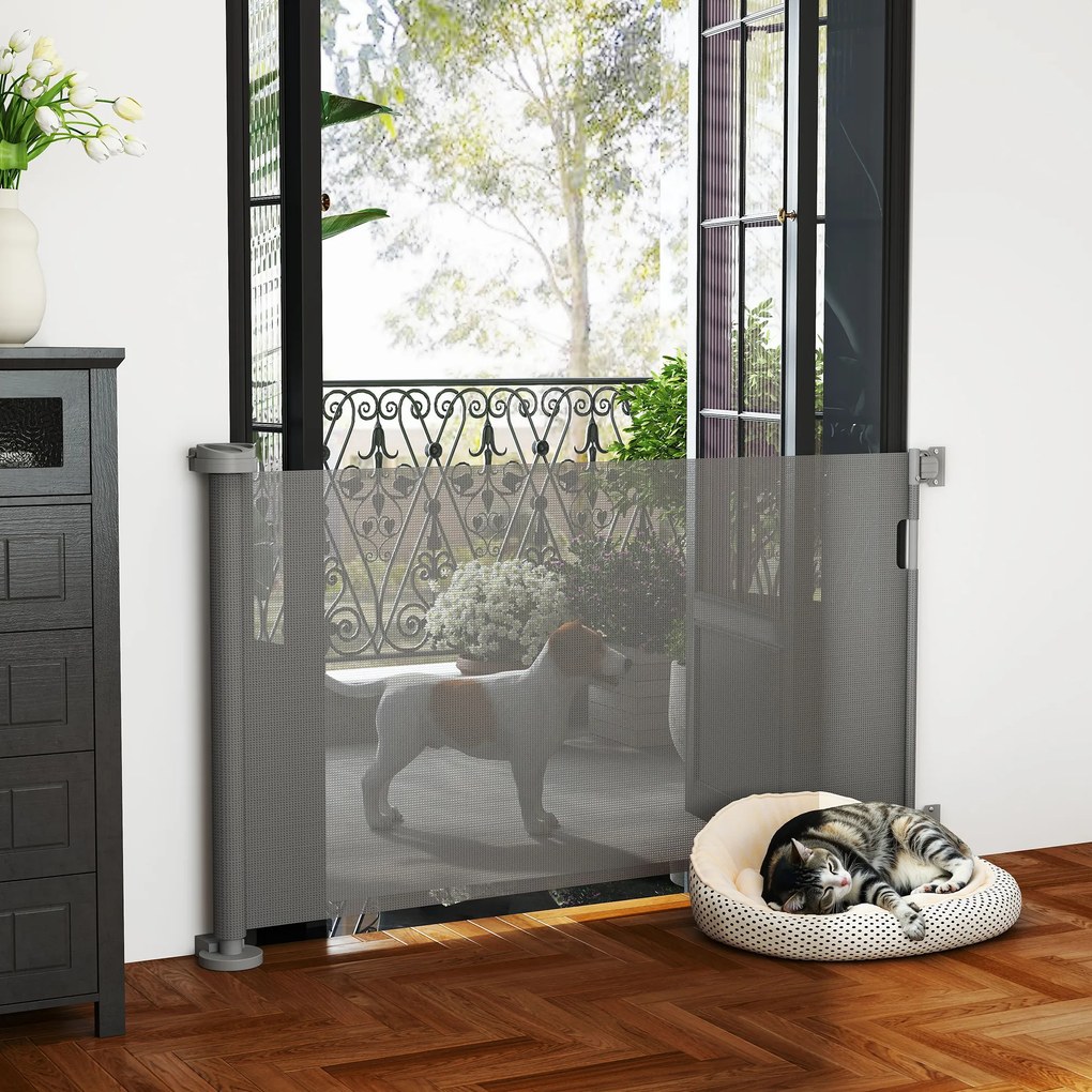 PawHut Rozsuwana bramka ochronna na schody 0-136cm Wysokość 87 cm Bramka dla zwierząt domowych 142 x 10 x 87 cm Szara