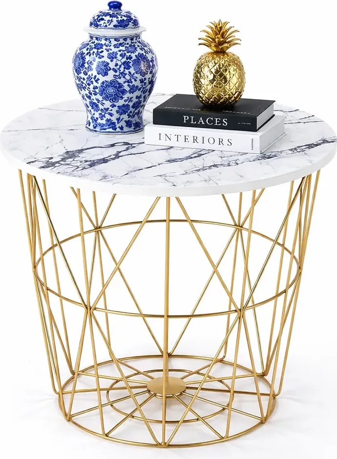 Biało - złoty druciany stolik kawowy z marmurkowym blatem G7-R70