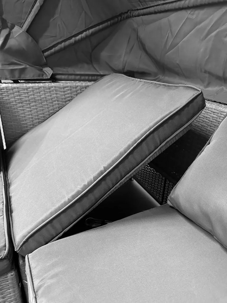 Wielofunkcyjny zestaw mebli ogrodowych - narożnik, leżanka z daszkiem Galicja 101 brąz, poduszki beżowe