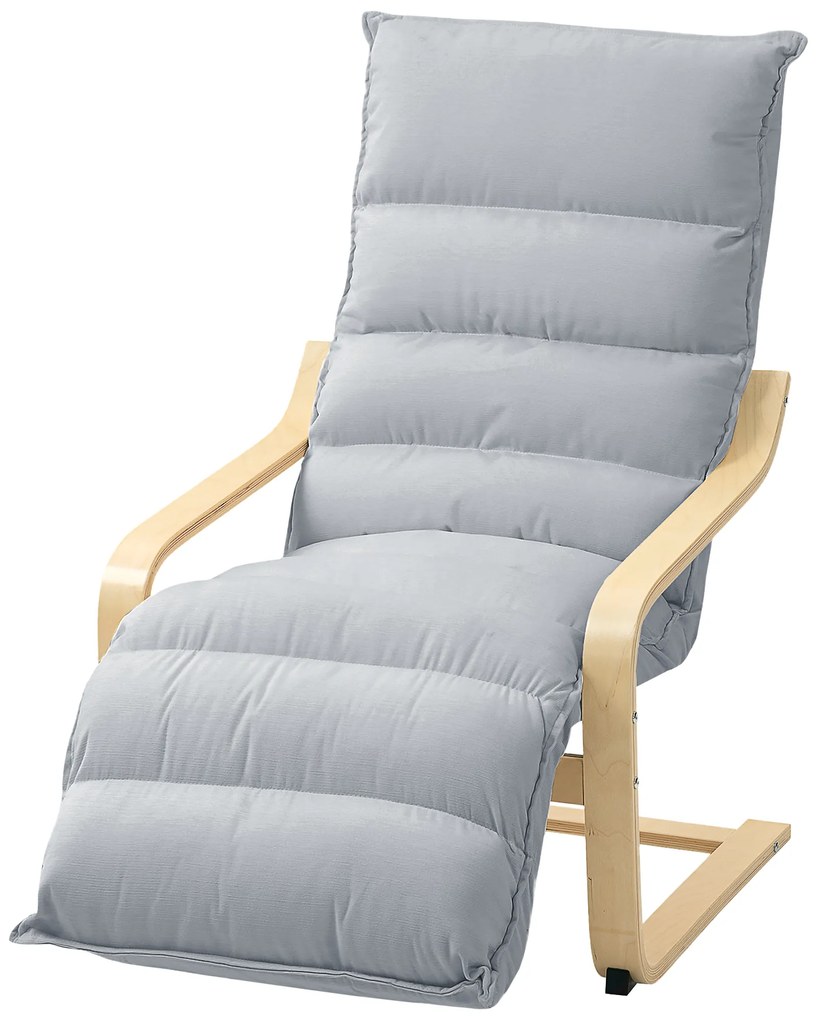 HOMCOM Fotel z laminowanej brzozy, tapicerowany fotel z regulowaną podnóżką, nowoczesny fotel z podłokietnikami, Jasnoszary